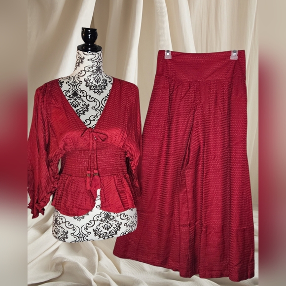 Band of the Free Wine Red Chevron Embossed Boho Blouse and Palazzo Pants Set- M - Picture 6 of 16